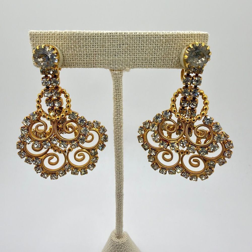 2.25" Gold tone and rhinestone‎ clip on, dangle earrings!
